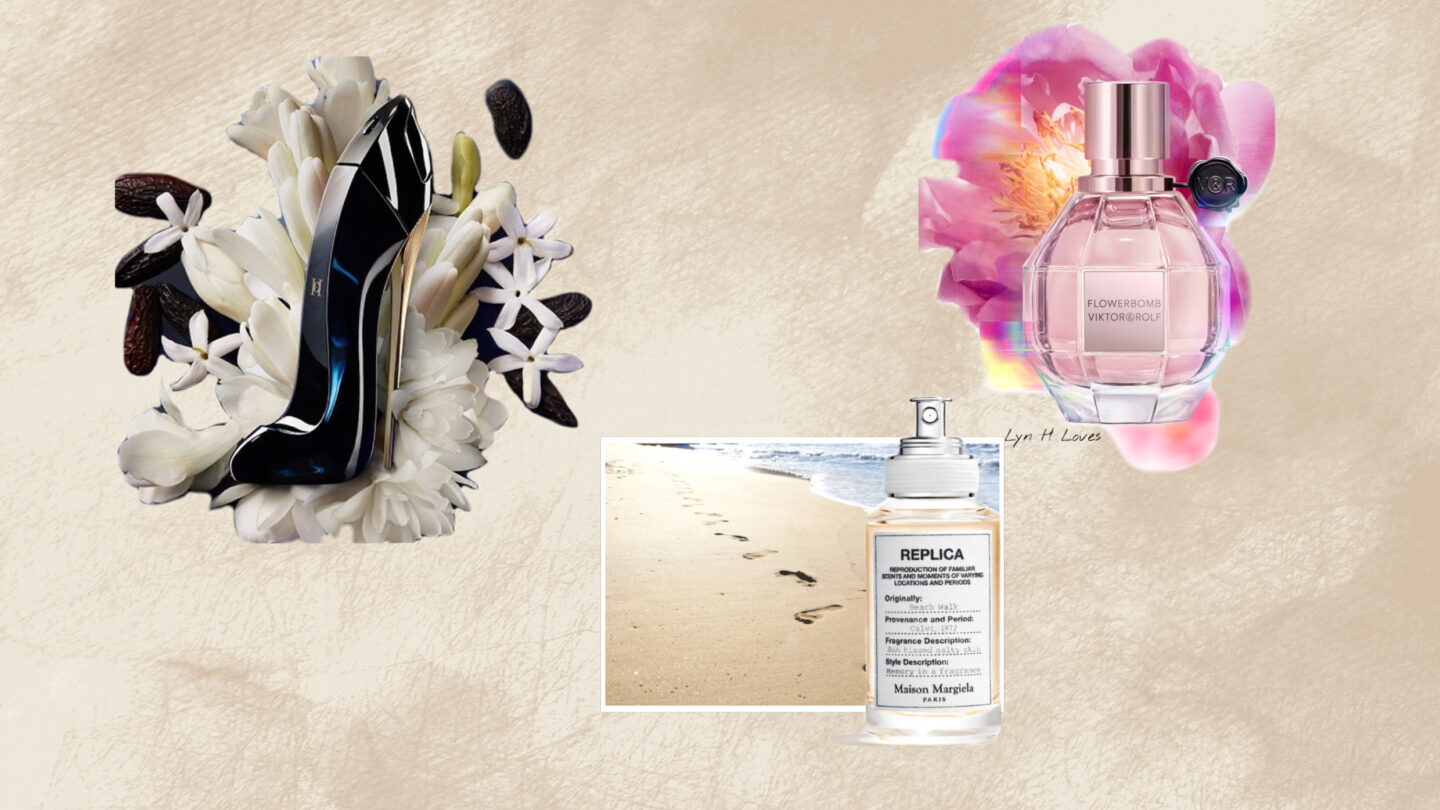 2023 in Perfume Collage with Good Girl, Flowerbomb and Beach Walk.